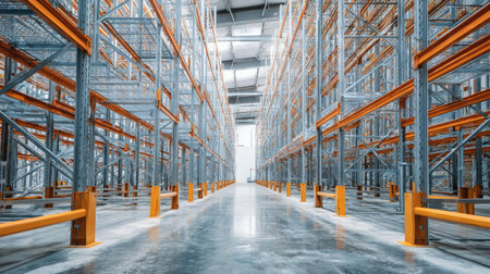 Empty storage racks inside a newly built warehouse ready for stockの素材