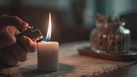 Flame from a lighter being used to light a candle, hands steady in a peaceful home settingの素材