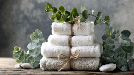 Elegant towel arrangement with rolled white towels tied with twine, eucalyptus sprigs on topの素材