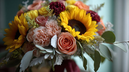 Detailed shot of a bouquet with roses, sunflowers, and carnations tied together with ribbonの素材