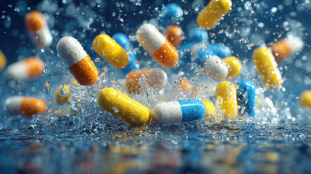 Flying pills colliding with splashing water, health and hydration theme with energetic movementの素材