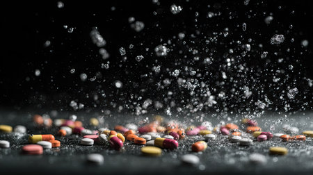 Dramatic medical scene with pills and exploding water droplets suspended against pure blackの素材