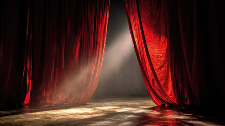 Dramatic moment as rich red stage curtains part under a bright spotlight, revealing an empty stage ready for performanceの素材