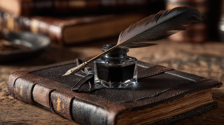 Feather pen balanced on top of a closed glass ink bottle, set on a vintage leather-bound journalの素材