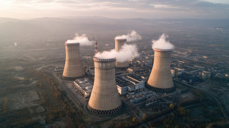 Drone shot of a thermal power station complex with four chimneys and connected cooling towersの素材