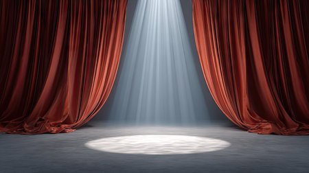 Elegant theater interior with curtains parting and bright white spotlight centered on stageの素材
