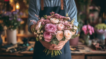 Florist holding a luxurious bouquet of mixed flowers ready for delivery, with shop tools in the backgroundの素材