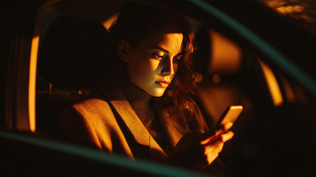 Evening shot of woman illuminated by her smartphone screen while inside her carの素材