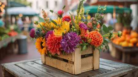 Fresh bouquet of mixed blooms on a wooden crate in a farmers market settingの素材
