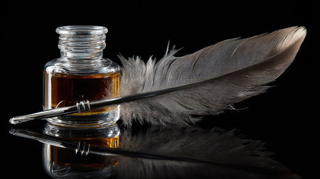Feather quill resting across a glass ink bottle with reflections on a polished black surfaceの素材