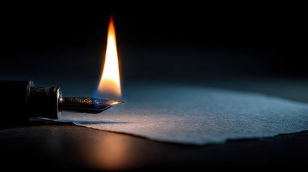 Flickering lighter flame near a piece of paper, tension captured just before the paper catches fireの素材