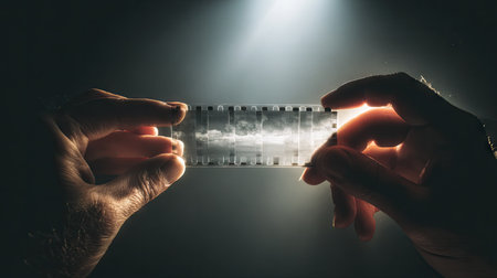 Hands holding a strip of photographic negative film up to the light to inspect image detailsの素材