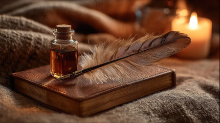 Feather quill resting on a closed journal with a small bottle of ink glowing in warm candlelightの素材