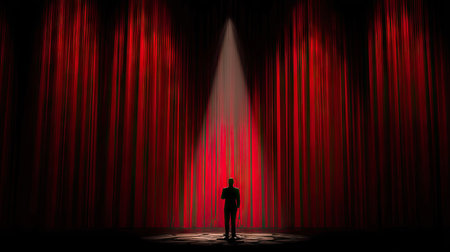 Grand opening of thick velvet stage curtains, spotlight centered for the lead actor's entranceの素材