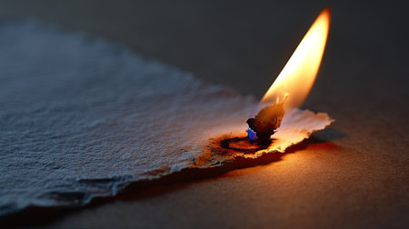 Flickering lighter flame near a piece of paper, tension captured just before the paper catches fireの素材