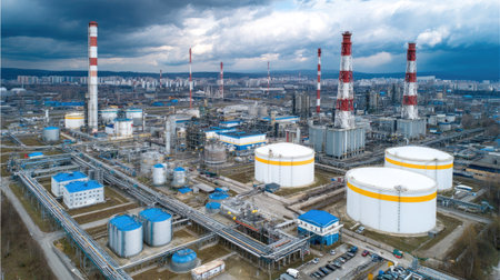 Industrial park with central thermal power station chimneys surrounded by storage tanks and pipelinesの素材