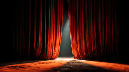 Grand opening of thick velvet stage curtains, spotlight centered for the lead actor's entranceの素材