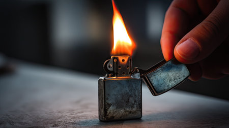 Hand flicking open a metal lighter lid just before ignition, flame caught mid-riseの素材