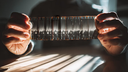 Hands holding a strip of photographic negative film up to the light to inspect image detailsの素材