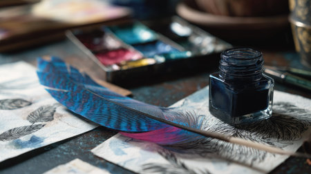 Flat lay of creative workspace with colorful feather, open ink bottle, and artistic sketchesの素材