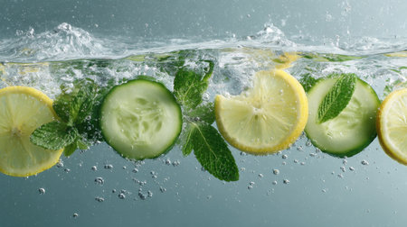 Healthy lifestyle scene with cucumber slices drifting on water, accompanied by lemon wedges and mint leavesの素材