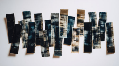 Flat lay of several strips of developed negatives laid out on a white background for scanningの素材