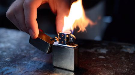 Hand flicking open a metal lighter lid just before ignition, flame caught mid-riseの素材