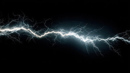 Horizontal lightning strike isolated on a clean black background, vivid electric textureの素材