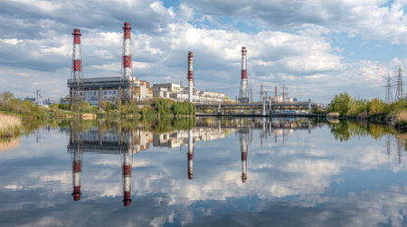 Industrial thermal power station with mirrored reflections of chimneys in nearby water reservoirの素材