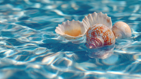 Floating tropical seashells in a vibrant blue swimming pool, soft ripples distorting their reflectionsの素材