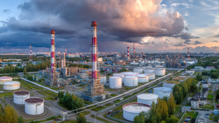Industrial park with central thermal power station chimneys surrounded by storage tanks and pipelinesの素材