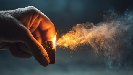 Human hand igniting a lighter, sparks caught mid-air as the flame rises upward in dramatic lightingの素材