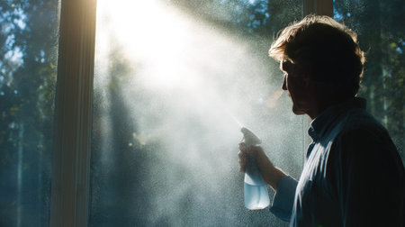 Indoor shot of a man cleaning a home window with a spray bottle and squeegeeの素材