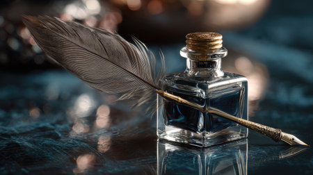 Feather pen inserted into ink bottle, elegant composition on a mirrored surface with soft reflectionsの素材