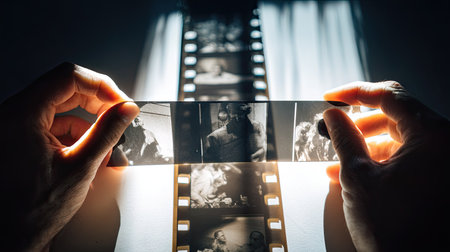 Hands holding a strip of photographic negative film up to the light to inspect image detailsの素材