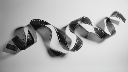 Exposed negative strips curled into artistic shapes on a white backdropの素材