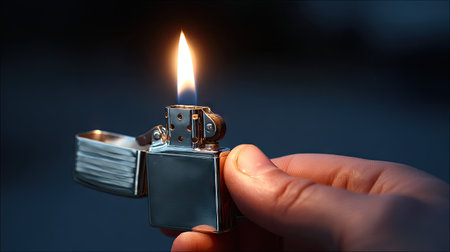 Hand holding a silver lighter with flame ignited, warm glow reflecting on fingertips and chrome surfaceの素材