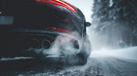 Exhaust pipe of a sports car releasing steam in the cold weather, with the engine runningの素材