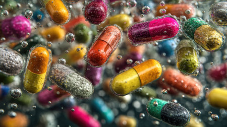 Dozens of colorful capsules and fresh water droplets colliding mid-flight, futuristic medicine vibeの素材