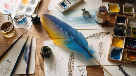 Flat lay of creative workspace with colorful feather, open ink bottle, and artistic sketchesの素材