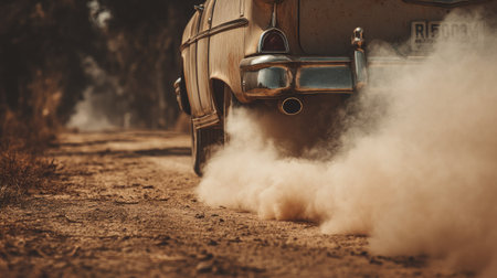 Exhaust pipe of a vintage car with thick smoke pouring out during a long drive on a dusty roadの素材