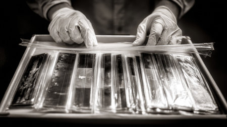 Developed photo negatives in a protective sleeve, labeled and organized by dateの素材