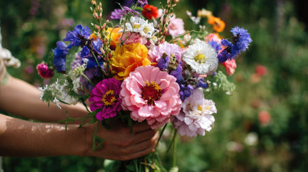 Hands holding a lush bouquet of mixed flowers with vibrant colors and a natural, garden-fresh lookの素材