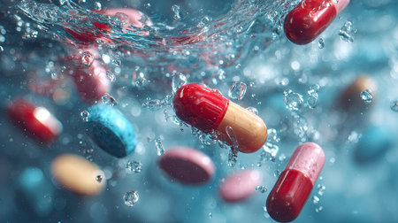 Flying tablets and swirling water captured in motion, chaotic yet artistic pharmaceutical conceptの素材