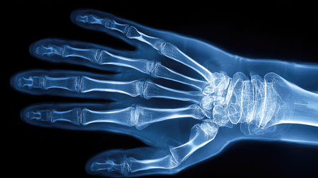 Medical X-ray scan showing detailed bones of the hand and wrist, radiographic image with blue tintの素材