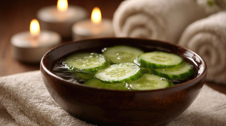 Close-up of vibrant green cucumber slices floating in a spa bowl of water, surrounded by soft towels and candlesの素材