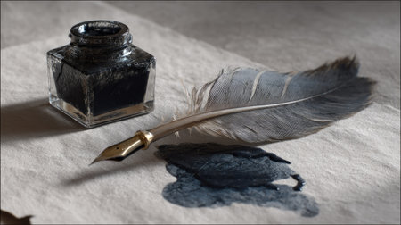 Ink-stained feather lying beside a tipped-over glass inkwell, ink spilling on parchment paperの素材