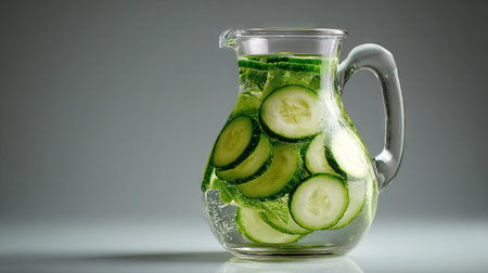 Cucumber-infused water with slices floating at the top of a transparent glass jug, health and hydration conceptの素材