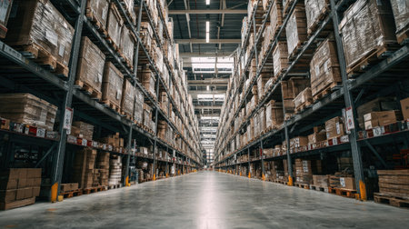 Industrial warehouse filled with tall racks holding uniformly wrapped palletsの素材
