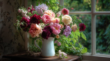 Large bouquet of hand-picked garden flowers in a vintage pitcher placed by a windowの素材